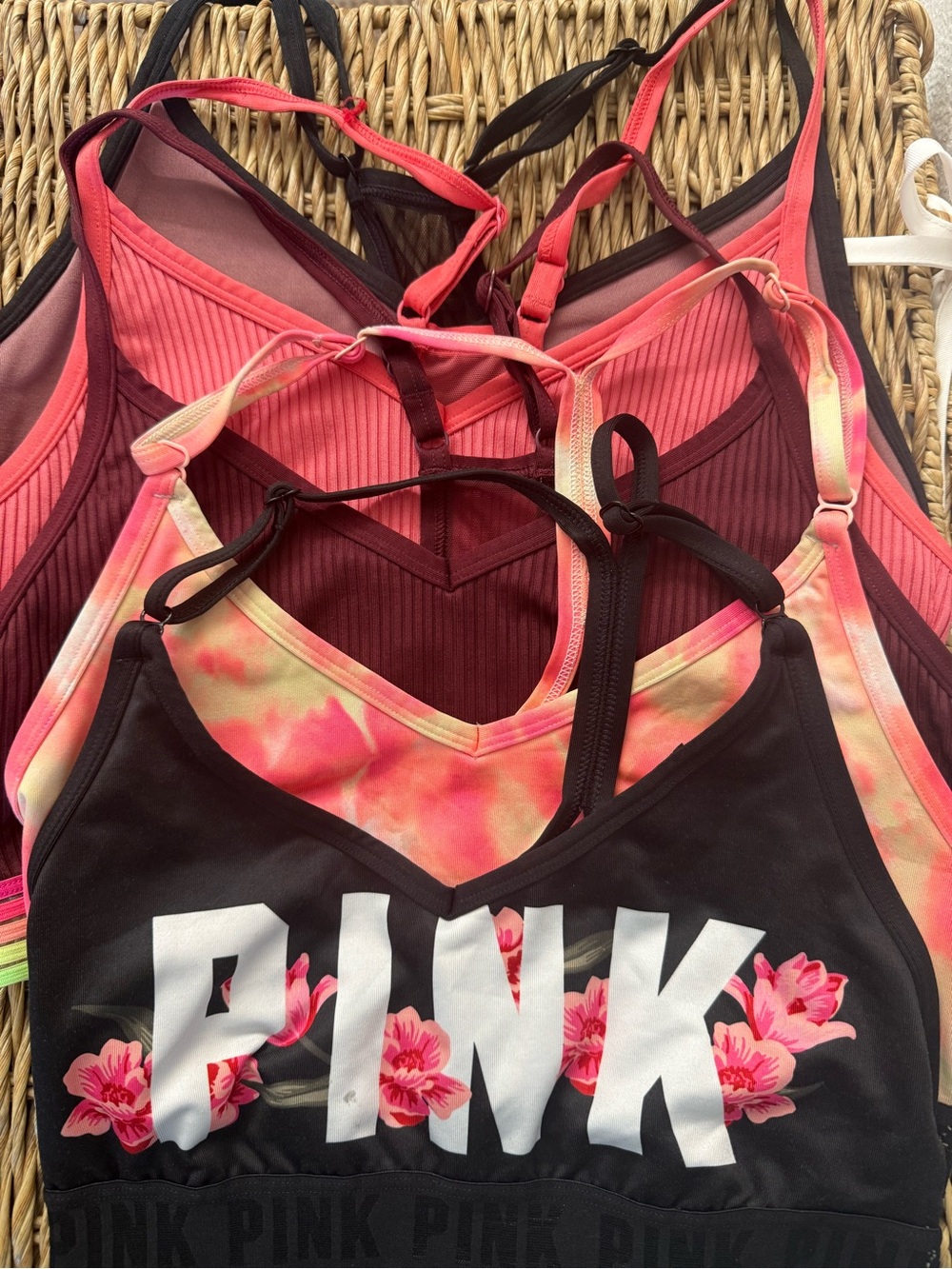 PINK Victoria's Secret Black Floral Logo & Mixed Pink Sports Bra Set